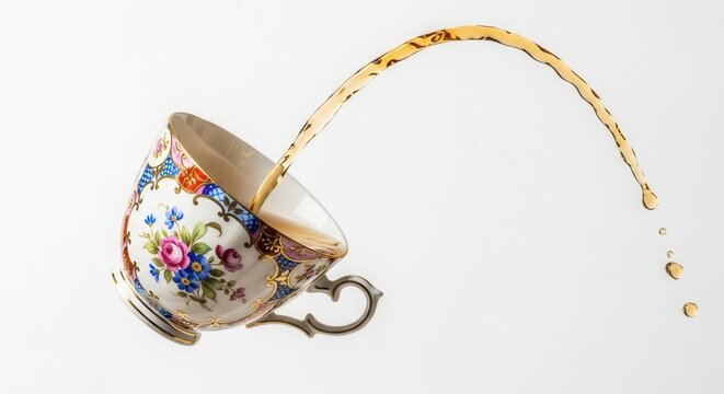 Ornate teacup with floral patterns spilling golden-brown liquid in an arc with droplets falling on a white background