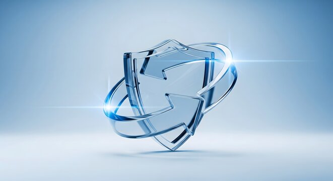 Glossy 3D shield icon made of glass or crystal with a dynamic, spiraling return arrow, symbolizing cybersecurity, data protection, warranty, renewal, and digital safety concepts