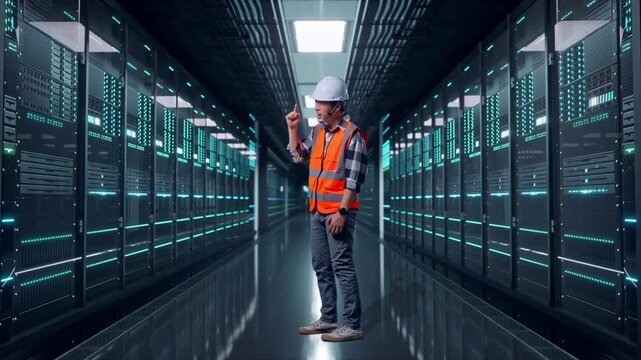 Full Body Side View Of Angry Asian Male Engineer With Safety Helmet Shouting At Someone While Standing in Server Room Data Center