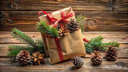 Kraft Paper Bag with Festive Ribbon Pinecones and Greenery