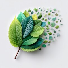 Vibrant Green Leaves Dispersing on White Background