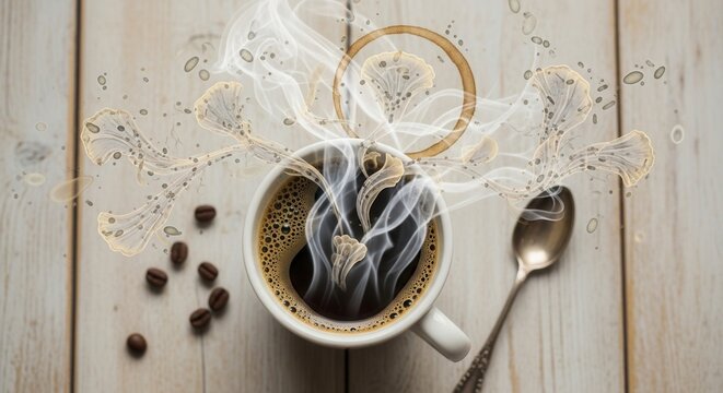 Overhead view of a steaming cup of coffee with stylized steam and liquid patterns on a light wood table alongside scattered coffee beans and a spoon