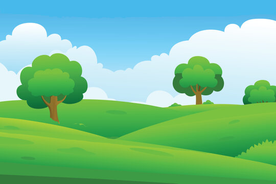 A vibrant green landscape featuring rolling hills and fluffy white clouds