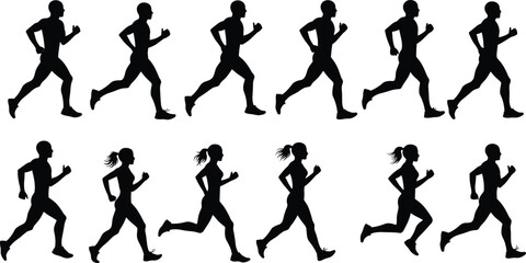 Running motion silhouette vector illustration, male and female stride cycle, athletic movement breakdown, sports biomechanics, fitness training, animation reference, isolated on white