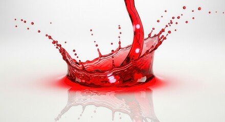 Fototapeta premium Red liquid splashes dramatically forming a crown shape and scattering droplets on a reflective surface