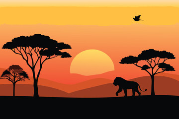 African savanna silhouette with a setting sun and majestic lion