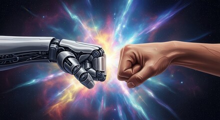 Robotic fist and human fist meet in a vibrant cosmic backdrop with stars and colorful nebulae