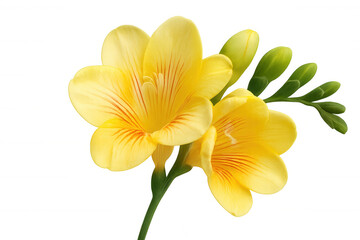 Yellow freesia flowers blooming with green buds, showcasing delicate petals and vibrant color. Isolated on transparent background