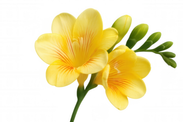 Yellow freesia flowers blooming with green buds, showcasing delicate petals and vibrant color. Isolated on transparent background