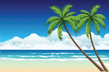 Tropical beach scene with palm trees blue sky and white clouds
