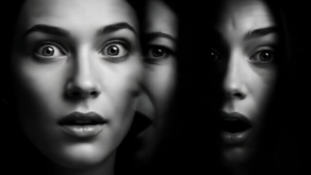 Black and white portrait of three faces in shadow