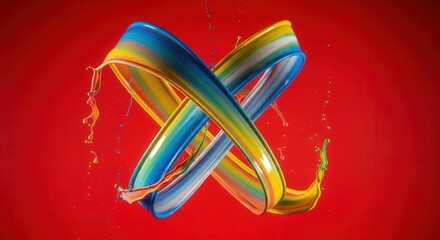 Two intertwined colorful paint streams showing gradients of blue yellow and orange splash on a vibrant red background with droplets