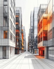 Obraz premium Creative architectural perspective of urban buildings in a 3D abstract line drawing