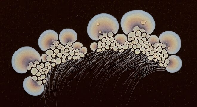 Two organic-like clusters of gradient-toned spheres densely packed with smaller uniform bubbles emit numerous flowing filaments against a dark backdrop