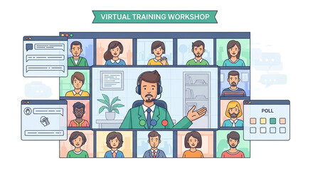 A virtual training workshop illustration featuring diverse participants in a video conference, showcasing online learning and remote collaboration on a white background