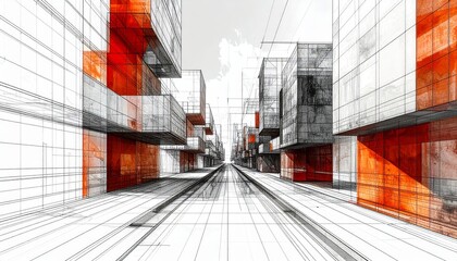 Obraz premium Creative architectural perspective of urban buildings in a 3D abstract line drawing