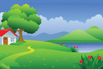 Fototapeta premium A vibrant cartoon landscape with a charming house and green hills