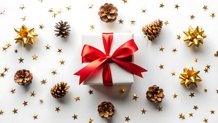 Minimalist Flat Lay with White Gift Box and Red Bow