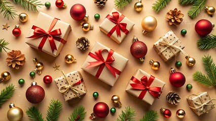 Overhead Shot of Christmas Gifts Arranged with Ornaments