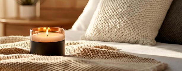 high demand stock niche Cozy Candlelit Scene with Knitted Textures in a Tranquil Bedroom Setting commercial friendly composition copyspace ready