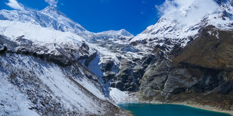 Snow fall mountain with blue sky and clouds. Panoramic view during sunset over snow, Panorama of...