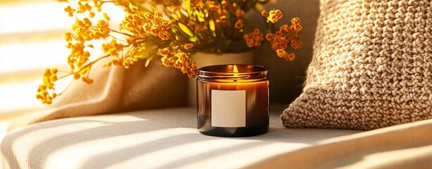 high demand stock niche Cozy Autumn Decor with Lit Candle and Knitted Blanket in Warm Sunlight commercial friendly composition copyspace ready