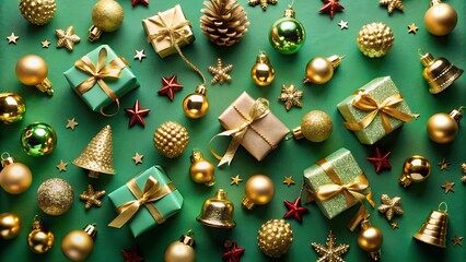 Overhead Shot of Small Gifts with Ornaments and Golden Details