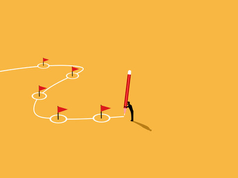 Businessman using pencil to draw progress line of project, tracking success