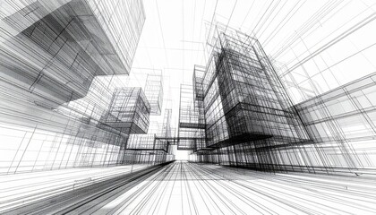 Fototapeta premium Creative architectural perspective of urban buildings in a 3D abstract line drawing
