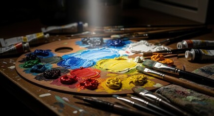 Wooden artists palette with vibrant paint blobs brushes and paint tubes on a textured wooden surface