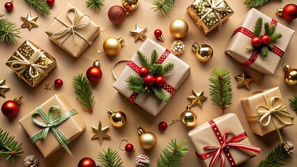 Overhead Shot of Wrapped Gifts Ornaments and Small Presents