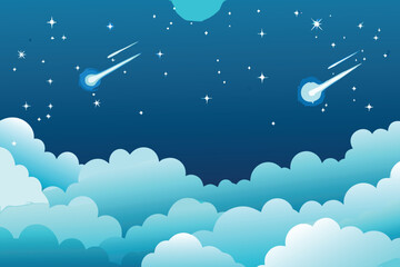A dark blue night sky with bright stars clouds and shooting stars