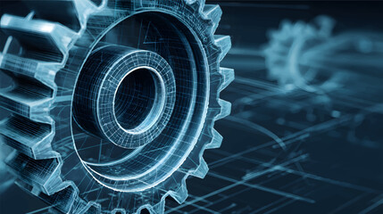 A close-up view of a 3d rendered gear in a technical blueprint style, showcasing intricate details and a futuristic design © Pickoloh