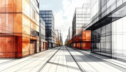 Fototapeta premium Creative architectural perspective of urban buildings in a 3D abstract line drawing