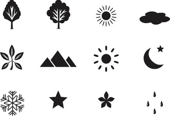 Simple black and white weather and nature icons arranged in a grid