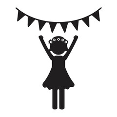 Celebration icon featuring a girl with arms raised and party bunting