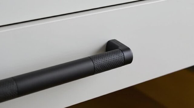 Black textured drawer pull on a light gray surface