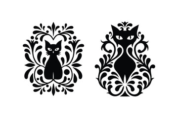 Cat Floral Ornament Decorative Elegant Gothic Pattern Animal Design Vector Illustration
