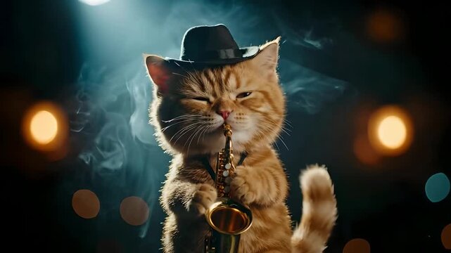 Cool Ginger Cat in a Fedora Hat Playing the Saxophone