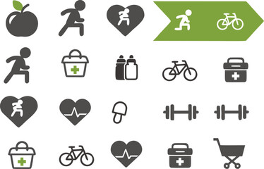 Collection of simple green and grey lifestyle icons for various activities