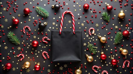 Black Shopping Bag Flat Lay with Scattered Confetti