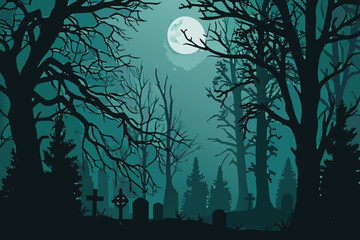 Spooky forest scene with a full moon overlooking a graveyard at night