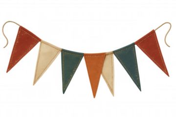 Fabric bunting garland displaying colorful pennant flags for a rustic festive celebration, transparent background