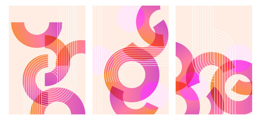 A set of geometric abstract backgrounds with overlapping circular shapes and gradients. Minimalistic modern poster templates with linear shapes and gradient elements.