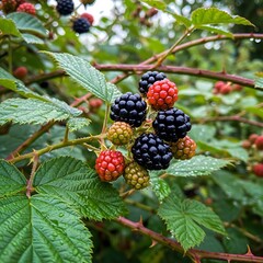 Detailed view of wild blackberries showing ripening stages on the bramble