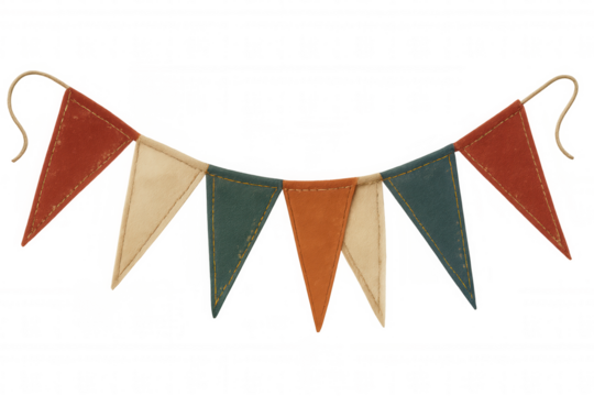 Fabric bunting garland displaying colorful pennant flags for a rustic festive celebration, transparent background - Powered by Adobe