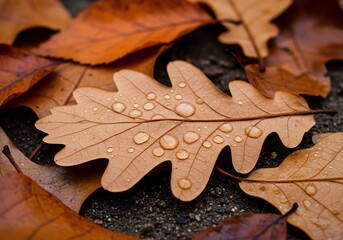 A beautiful macro image of a fallen brown leaf with rain or dew drops, capturing the essence of late autumn nature