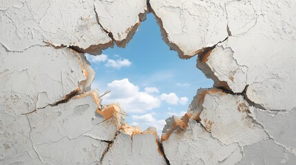Cracked wall revealing bright blue sky and white clouds through a jagged opening, symbolizing hope, freedom, opportunity, and breakthrough concept with strong contrast between decay and renewal.