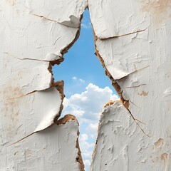 Cracked wall revealing bright blue sky and white clouds through a jagged opening, symbolizing hope, freedom, opportunity, and breakthrough concept with strong contrast between decay and renewal.