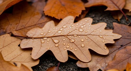 A beautiful macro image of a fallen brown leaf with rain or dew drops, capturing the essence of late autumn nature